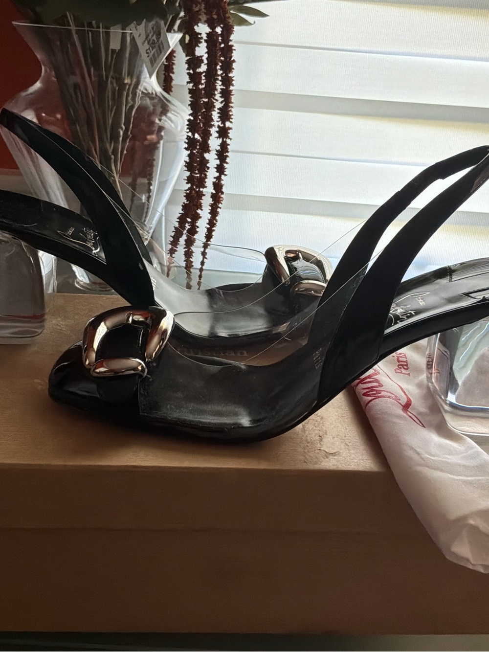 Christian Louboutin Black Patent Slingback Heels with Gold Buckle EUR SIZE 40